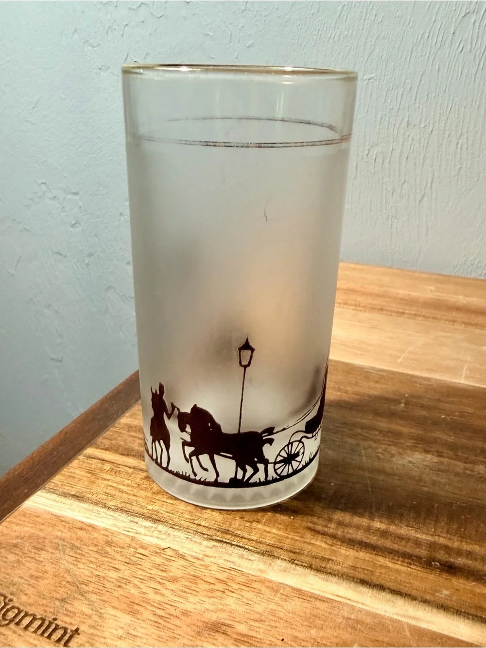 Vintage Frosted Highball Glasses with Black Silhouette Horse & Carriage Design